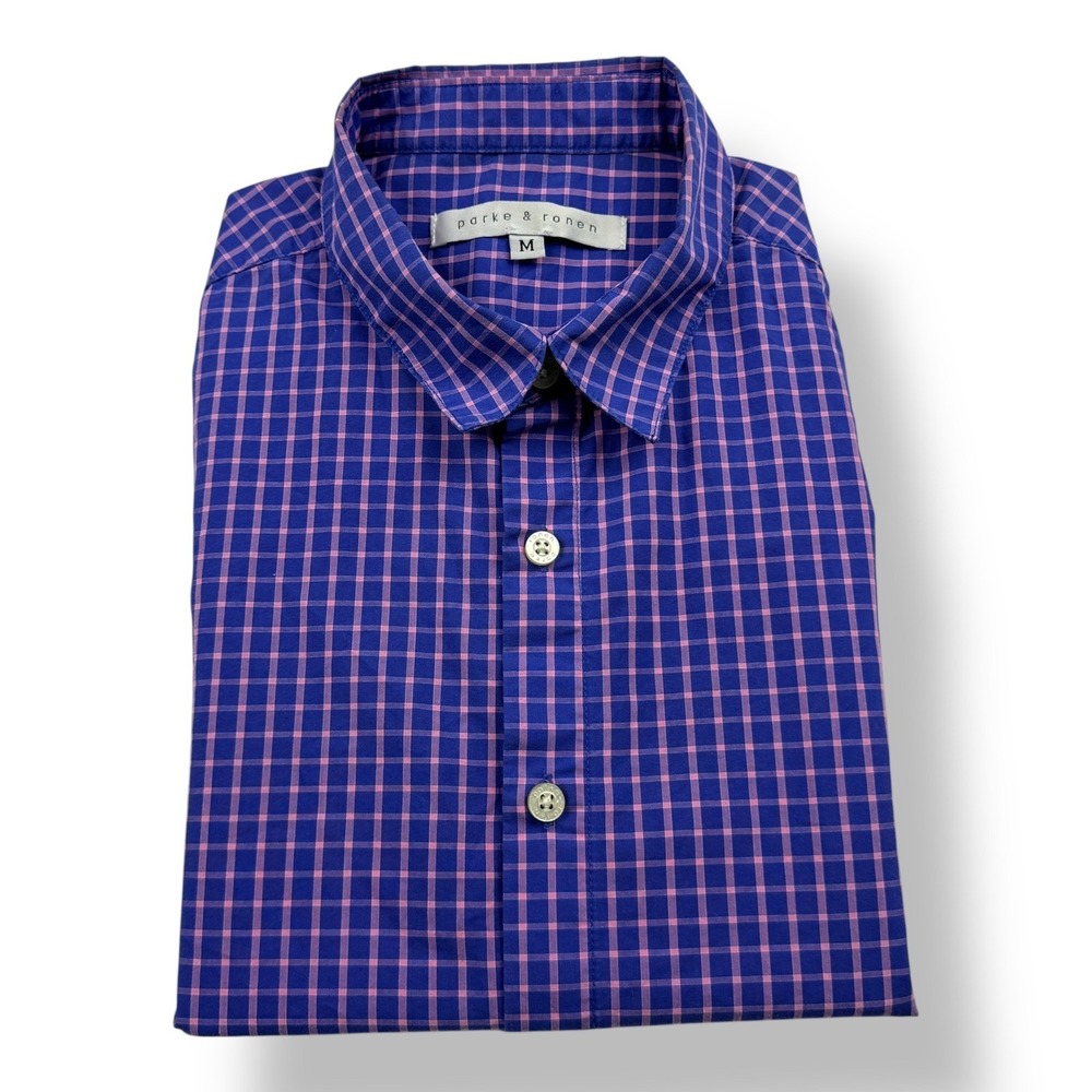 Parke & Ronen Mens Medium Button Up Shirt Short Sleeve Blue Pink Gingham USA